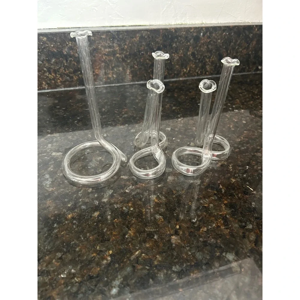 Set of 5 Hand Blown Clear Glass Twisted Loop Bud Vases Ruffled Rim Modern Decor
